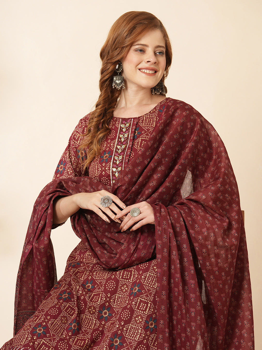 Ethnic Printed & Embroidered Kurta with Pant & Pure Cotton Dupatta - Burgundy