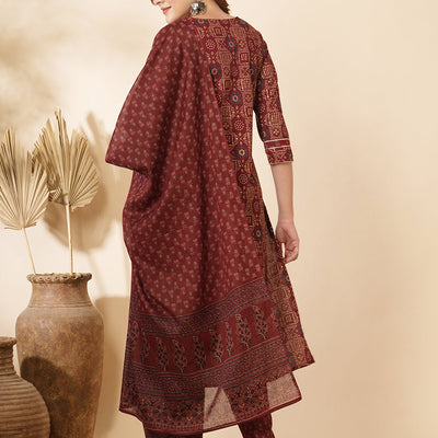 Ethnic Printed & Embroidered Kurta with Pant & Pure Cotton Dupatta - Burgundy