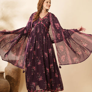 Floral Printed & Embroidered Anarkali Kurta with Pant & Dupatta - Burgundy