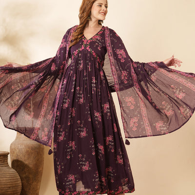 Floral Printed & Embroidered Anarkali Kurta with Pant & Dupatta - Burgundy
