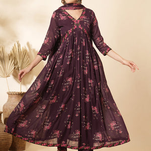 Floral Printed & Embroidered Anarkali Kurta with Pant & Dupatta - Burgundy