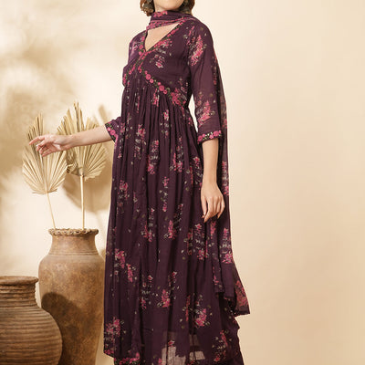 Floral Printed & Embroidered Anarkali Kurta with Pant & Dupatta - Burgundy