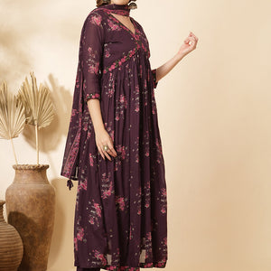 Floral Printed & Embroidered Anarkali Kurta with Pant & Dupatta - Burgundy