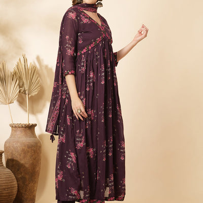 Floral Printed & Embroidered Anarkali Kurta with Pant & Dupatta - Burgundy