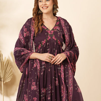 Floral Printed & Embroidered Anarkali Kurta with Pant & Dupatta - Burgundy