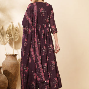 Floral Printed & Embroidered Anarkali Kurta with Pant & Dupatta - Burgundy