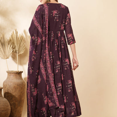 Floral Printed & Embroidered Anarkali Kurta with Pant & Dupatta - Burgundy