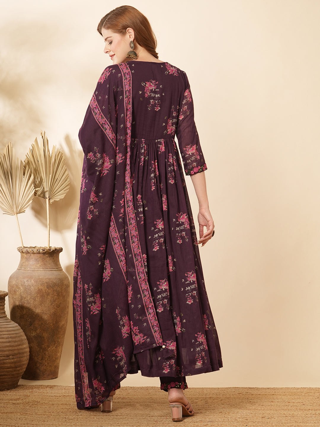 Floral Printed & Embroidered Anarkali Kurta with Pant & Dupatta - Burgundy