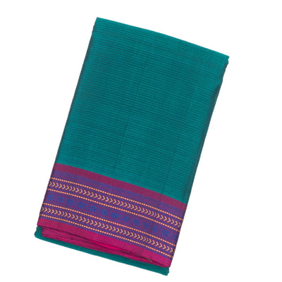 Cyan Handloom Kanchi Cotton Saree With Stripes & Contrast Border