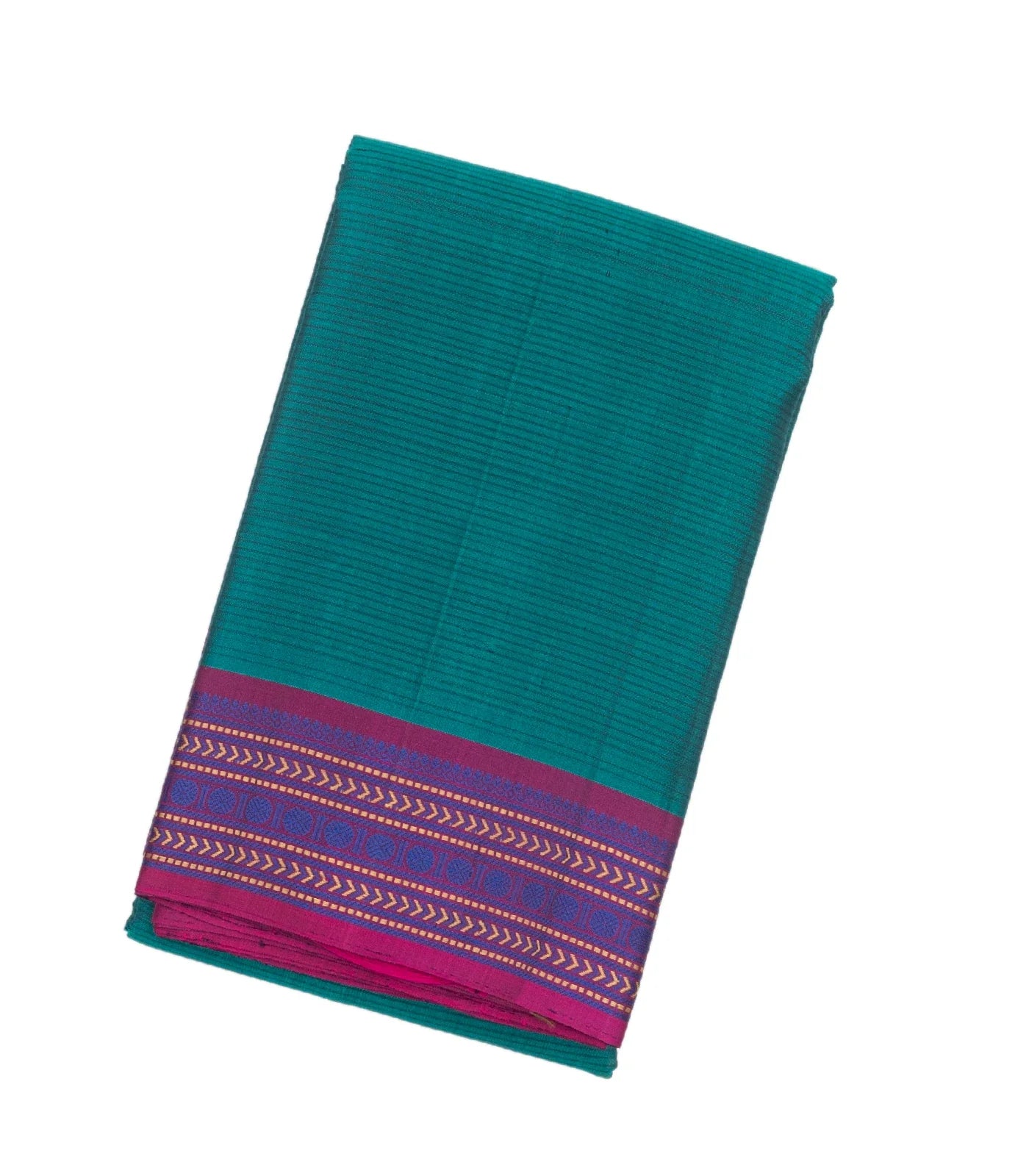 Cyan Handloom Kanchi Cotton Saree With Stripes & Contrast Border