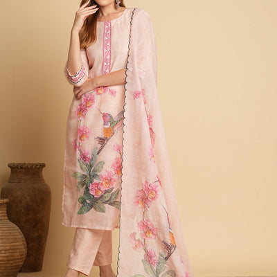 Abstract Floral Printed & Embroidered Straight Kurta with Pant & Dupatta - Cream