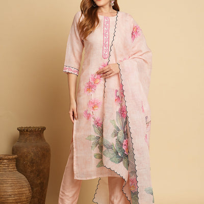Abstract Floral Printed & Embroidered Straight Kurta with Pant & Dupatta - Cream