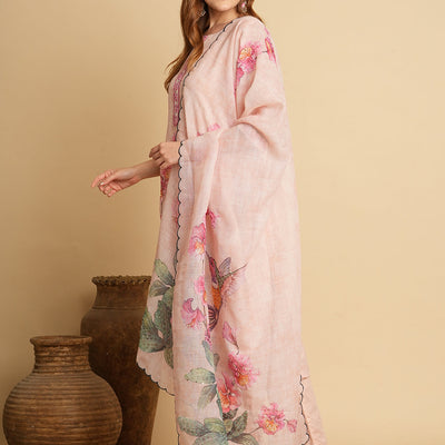 Abstract Floral Printed & Embroidered Straight Kurta with Pant & Dupatta - Cream