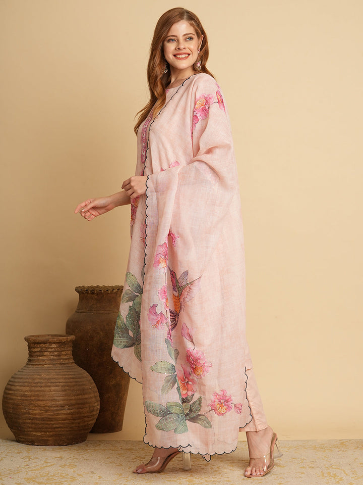 Abstract Floral Printed & Embroidered Straight Kurta with Pant & Dupatta - Cream