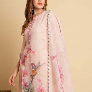 Abstract Floral Printed & Embroidered Straight Kurta with Pant & Dupatta - Cream