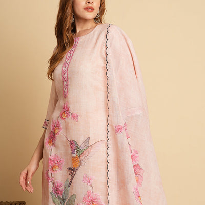 Abstract Floral Printed & Embroidered Straight Kurta with Pant & Dupatta - Cream