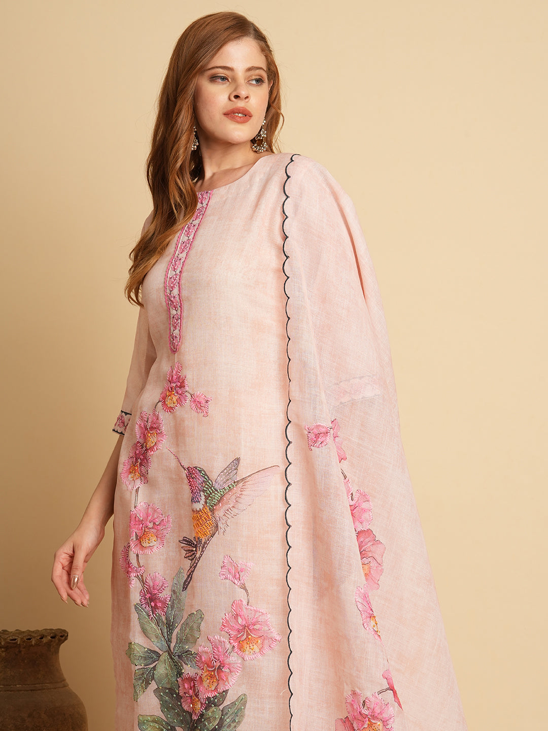 Abstract Floral Printed & Embroidered Straight Kurta with Pant & Dupatta - Cream