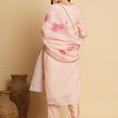 Abstract Floral Printed & Embroidered Straight Kurta with Pant & Dupatta - Cream