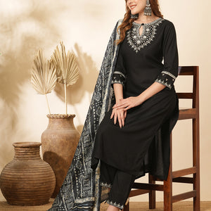 Solid Ethnic Sequin & Resham Embroidered Straight Kurta with Pant & Dupatta - Black