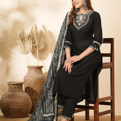 Solid Ethnic Sequin & Resham Embroidered Straight Kurta with Pant & Dupatta - Black