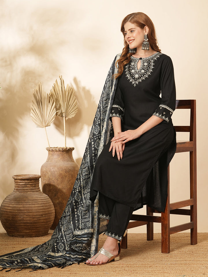 Solid Ethnic Sequin & Resham Embroidered Straight Kurta with Pant & Dupatta - Black