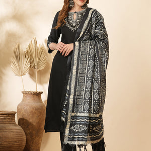 Solid Ethnic Sequin & Resham Embroidered Straight Kurta with Pant & Dupatta - Black