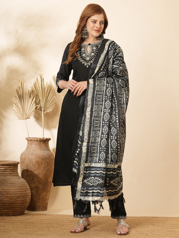 Solid Ethnic Sequin & Resham Embroidered Straight Kurta with Pant & Dupatta - Black