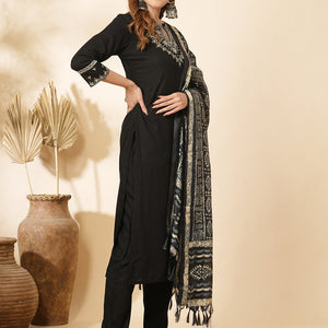Solid Ethnic Sequin & Resham Embroidered Straight Kurta with Pant & Dupatta - Black