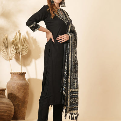 Solid Ethnic Sequin & Resham Embroidered Straight Kurta with Pant & Dupatta - Black