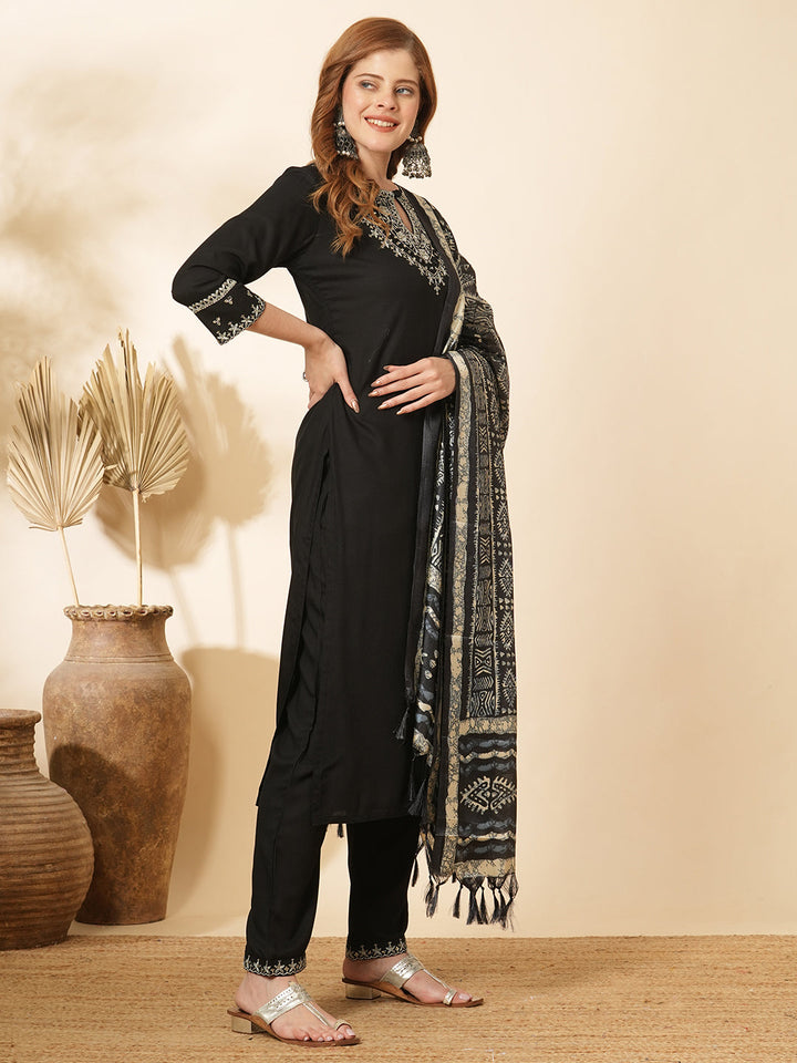 Solid Ethnic Sequin & Resham Embroidered Straight Kurta with Pant & Dupatta - Black