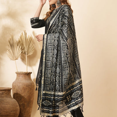 Solid Ethnic Sequin & Resham Embroidered Straight Kurta with Pant & Dupatta - Black