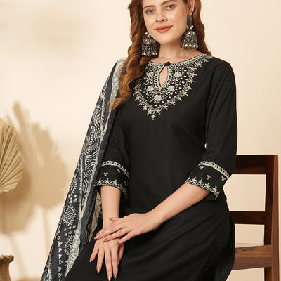 Solid Ethnic Sequin & Resham Embroidered Straight Kurta with Pant & Dupatta - Black