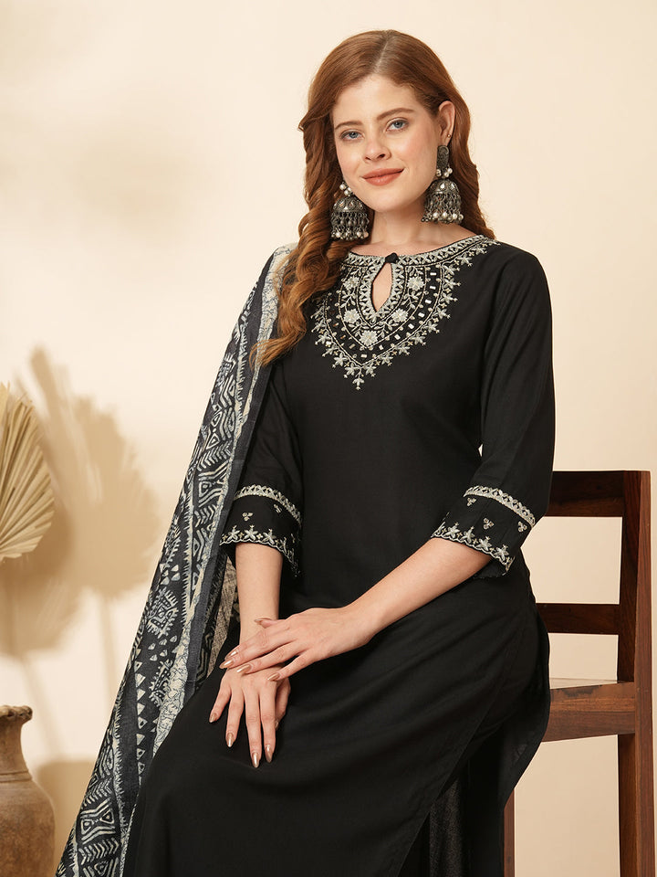 Solid Ethnic Sequin & Resham Embroidered Straight Kurta with Pant & Dupatta - Black