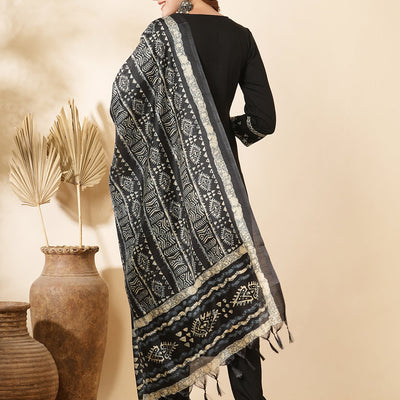Solid Ethnic Sequin & Resham Embroidered Straight Kurta with Pant & Dupatta - Black