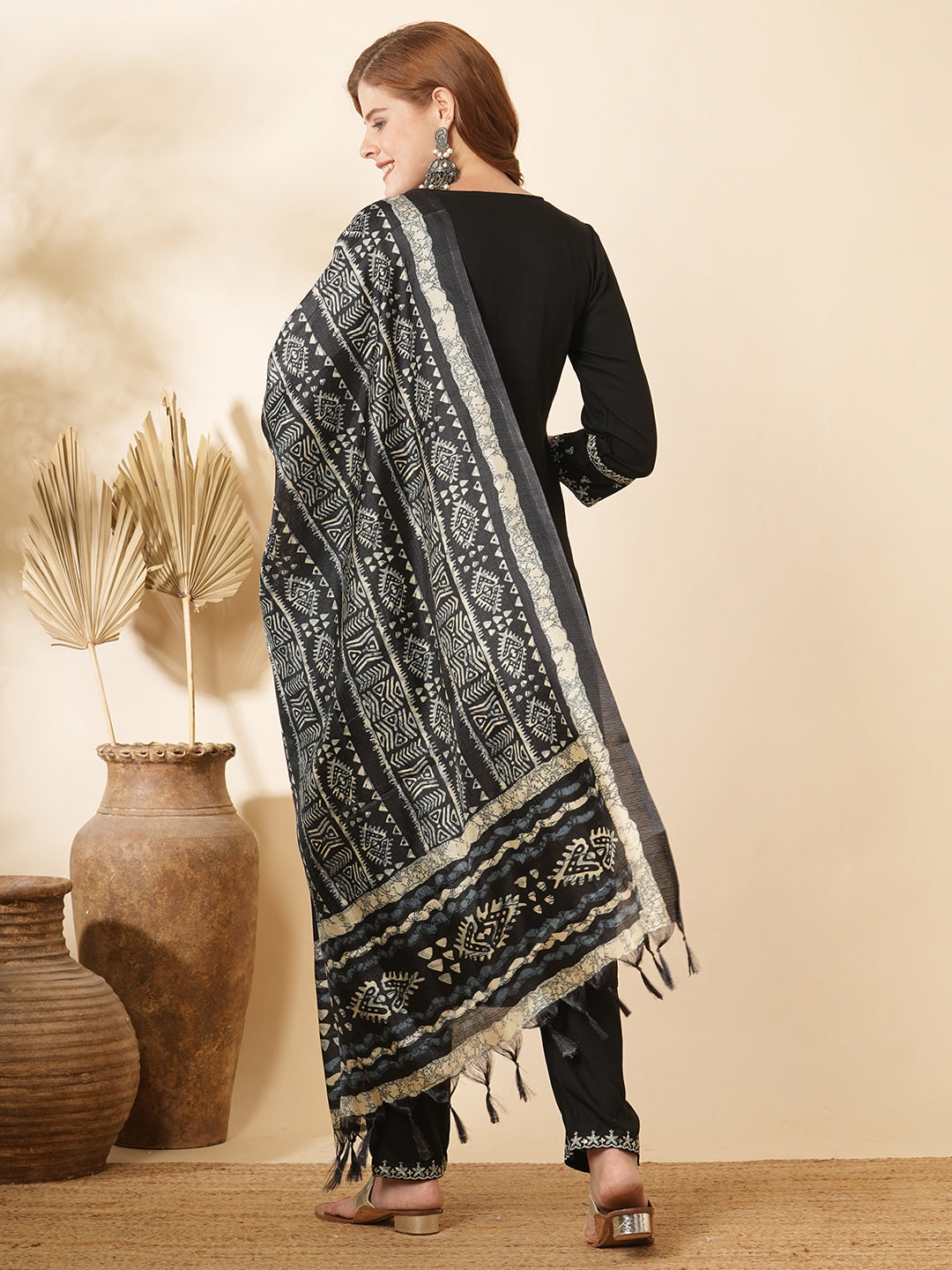 Solid Ethnic Sequin & Resham Embroidered Straight Kurta with Pant & Dupatta - Black