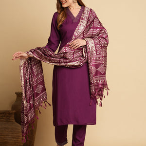 Solid Ethnic Embroidered Straight Fit Kurta with Pant & Dupatta - Purple
