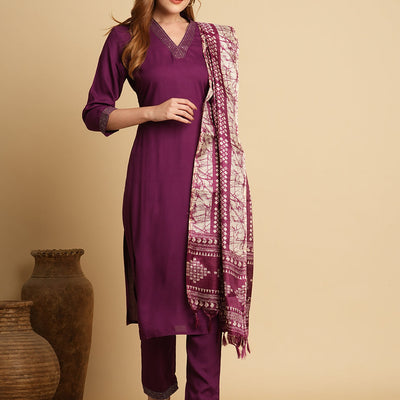 Solid Ethnic Embroidered Straight Fit Kurta with Pant & Dupatta - Purple