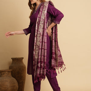 Solid Ethnic Embroidered Straight Fit Kurta with Pant & Dupatta - Purple