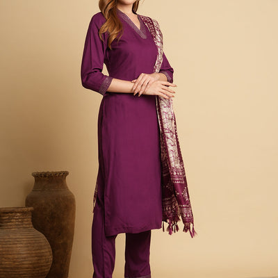 Solid Ethnic Embroidered Straight Fit Kurta with Pant & Dupatta - Purple