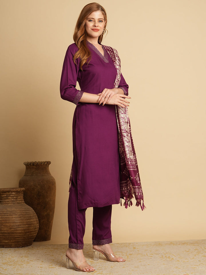 Solid Ethnic Embroidered Straight Fit Kurta with Pant & Dupatta - Purple