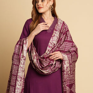 Solid Ethnic Embroidered Straight Fit Kurta with Pant & Dupatta - Purple