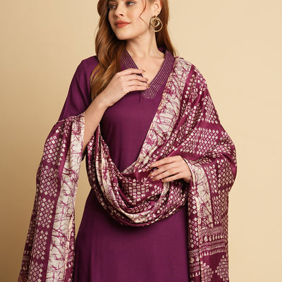 Solid Ethnic Embroidered Straight Fit Kurta with Pant & Dupatta - Purple