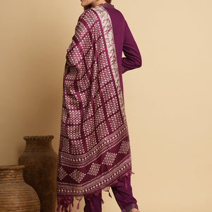 Solid Ethnic Embroidered Straight Fit Kurta with Pant & Dupatta - Purple