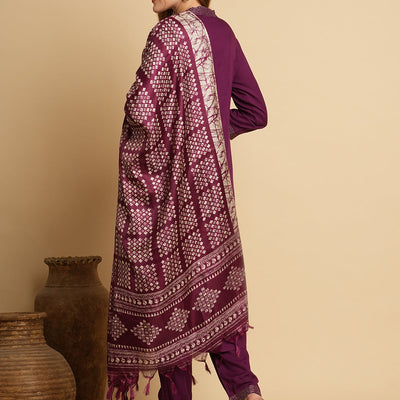 Solid Ethnic Embroidered Straight Fit Kurta with Pant & Dupatta - Purple