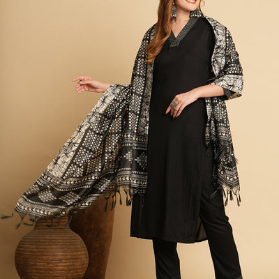 Solid Ethnic Embroidered Straight Fit Kurta with Pant & Dupatta - Black