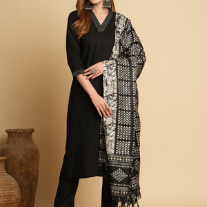 Solid Ethnic Embroidered Straight Fit Kurta with Pant & Dupatta - Black