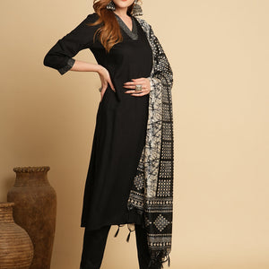 Solid Ethnic Embroidered Straight Fit Kurta with Pant & Dupatta - Black