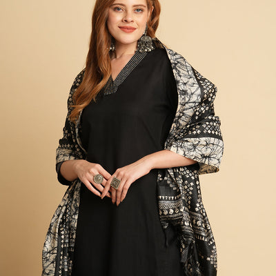 Solid Ethnic Embroidered Straight Fit Kurta with Pant & Dupatta - Black