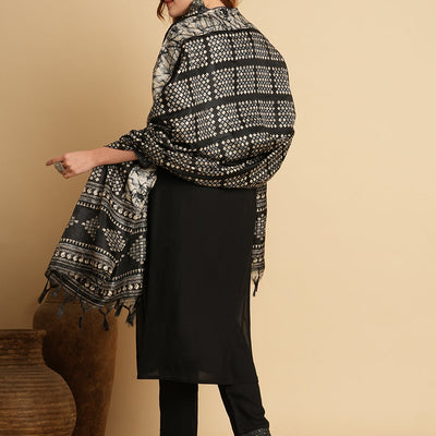 Solid Ethnic Embroidered Straight Fit Kurta with Pant & Dupatta - Black