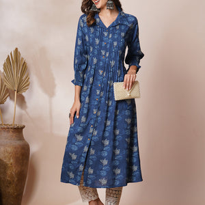 Abstract Floral Printed A-Line Pleated Maxi Dress - Blue